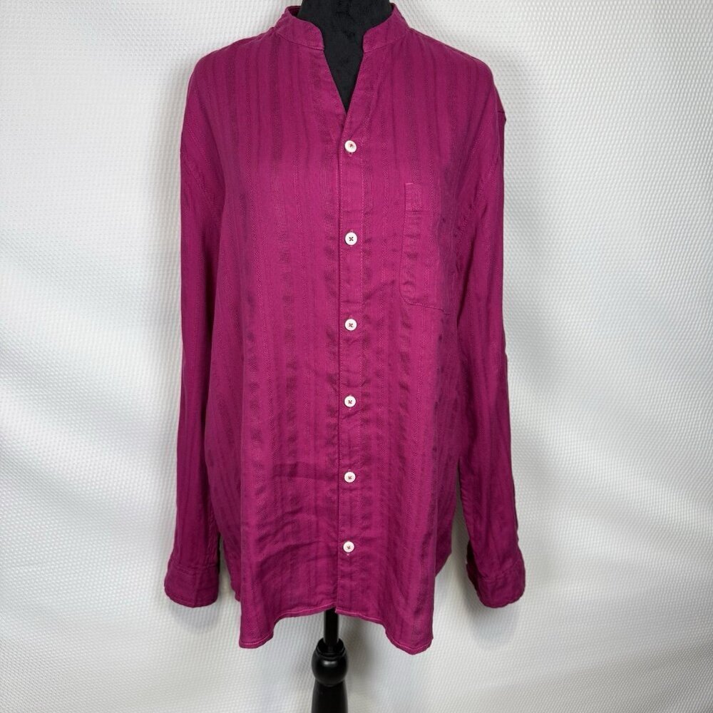 Caribbean Large Linen Rayon Fuchsia Textured Stripe Split V-Neck Shirt Tunic